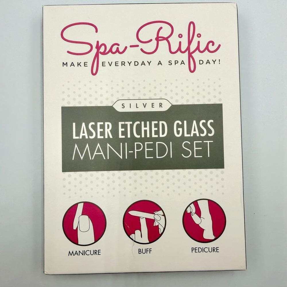 Spa-Rific Silver Laser Etched Glass Mani-Pedi Set Manicure New In Box NIB